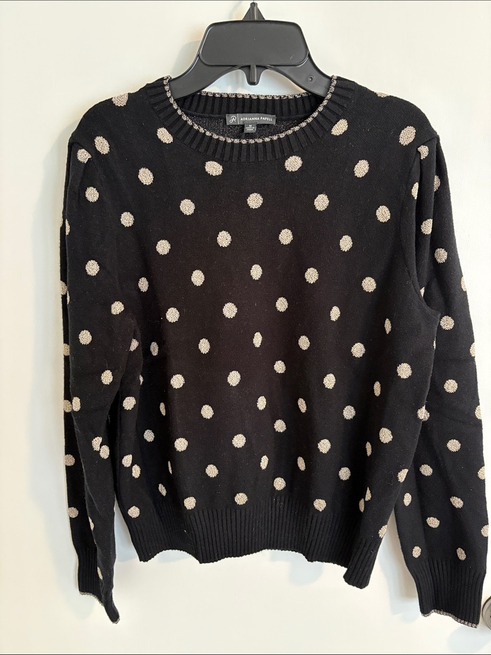 Adrianna Papell Black Crewneck Sweater with Cream Polka Dots